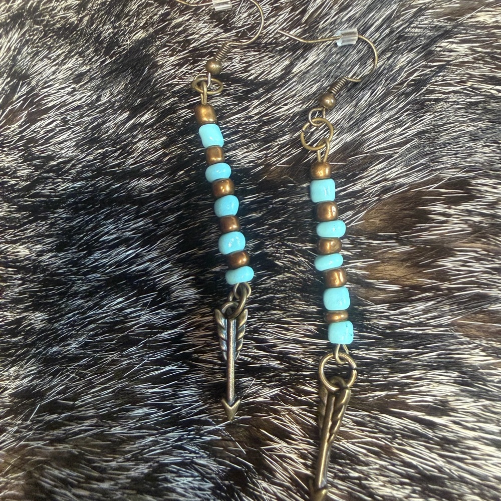 Turquoise and Bronze Beaded Arrow Earrings